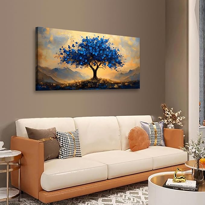 Tree of Life Pictures Canvas Wall Art for Living room Office Bedroom Wall Decor,Ginkgo Tree Wall Art Print Paintings Modern Autumn Blue Scenery Artwork Waterproof Ready to Hang-20x40inch