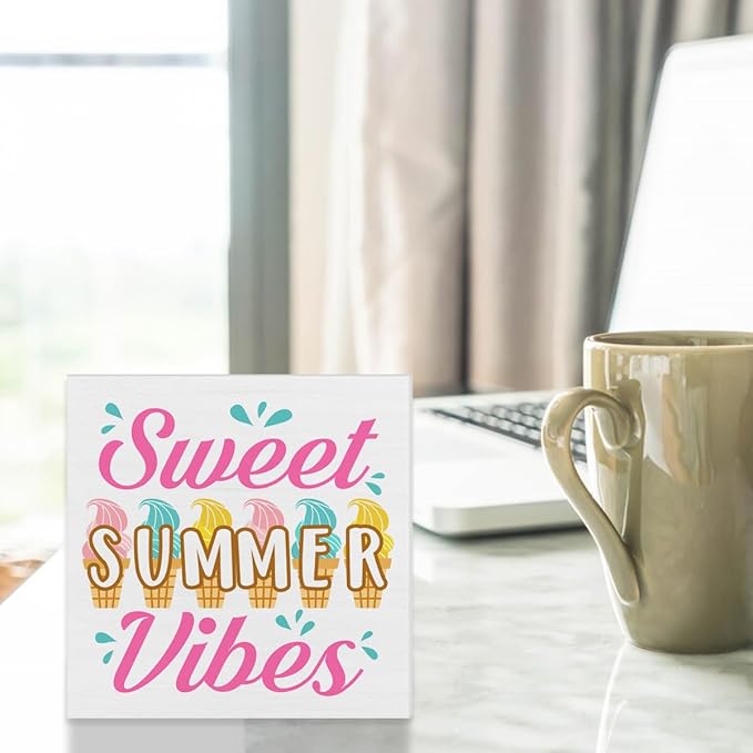 Summer Decor Sweet Summer Vibes Wood Block Sign Home Kitchen Desk Table Shelf Decoration