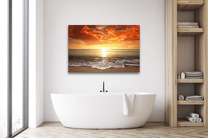 Baisuart-S0169 Canvas Prints Wall Art Sunset Ocean Beach Pictures Photo Paintings for Living Room Bedroom Home Decorations Modern Stretched and Framed Seascape Waves Landscape Giclee Artwork