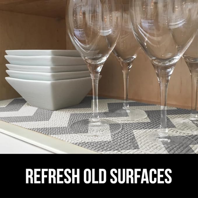 GORILLA GRIP powerGRIP Drawer Shelf and Cabinet Liner, Thick Strong Hold, Non-Adhesive Liners Protect Kitchen Cabinets and Cupboard, Bathroom Drawers, Easy Install, Breathable Mat, 12" x20', Chevron