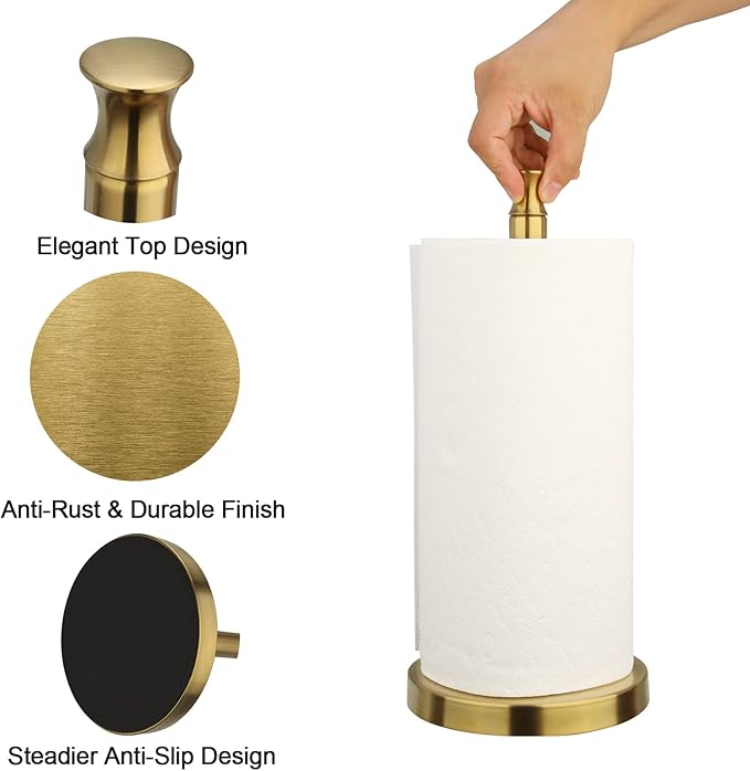 Akicon Paper Towel Holder Stand for Kitchen Countertop & Dining Room Table (Brushed Gold Brass Paper Towel Holder Stand, Modern)