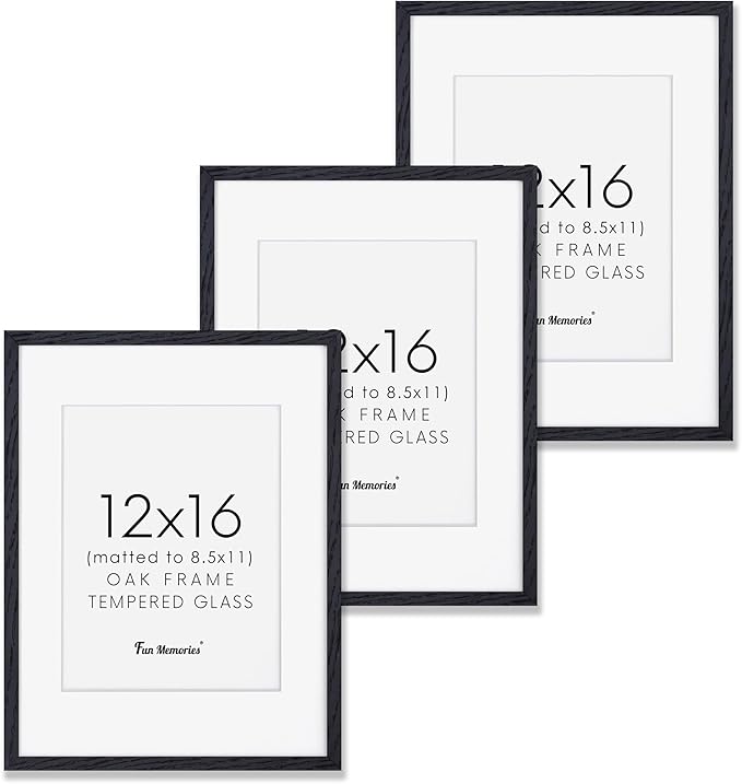 Fun Memories Black 12x16 Picture Frames, Solid Oak Wood Frame 12 by 16 Set of 3, Black Wood Frame with Mat & Tempered Glass, Matted to 8.5x11, Oak Wood Minimalist 12x16 Poster Frames