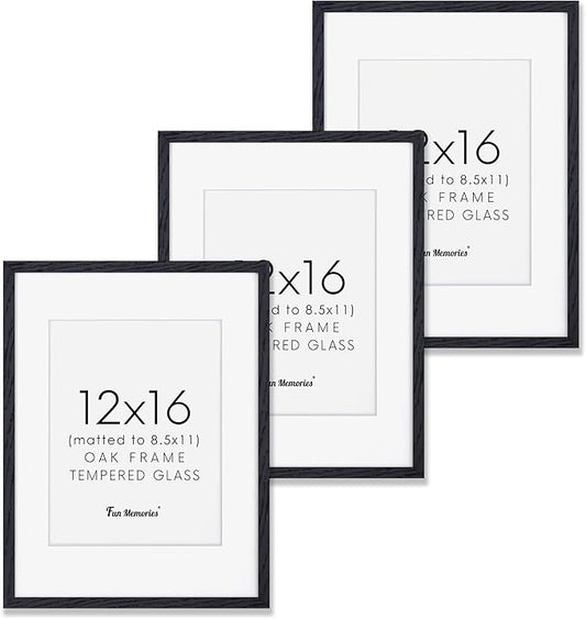 Fun Memories Black 12x16 Picture Frames, Solid Oak Wood Frame 12 by 16 Set of 3, Black Wood Frame with Mat & Tempered Glass, Matted to 8.5x11, Oak Wood Minimalist 12x16 Poster Frames