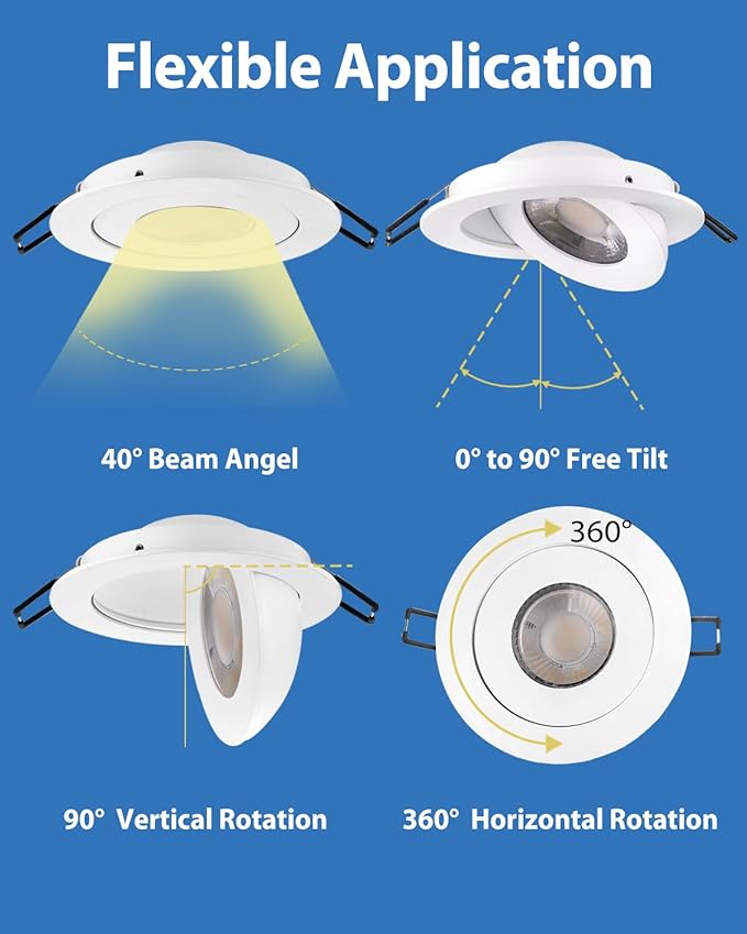 4 inch LED Recessed Light 9W 750lm Eyeball Sloped Gimbal Recessed Ceiling Lighting, Soffit Wafer Indoor Directional Lighting, 90° Tilt and 360° Rotation Recessed Lighting 4 inch White 6Pack