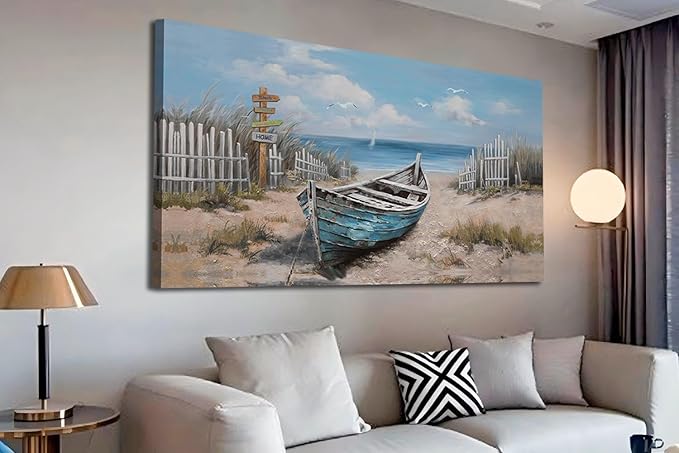 Ardemy Blue Coastal Canvas Wall Art for Living Room Textured Beach Painting Turquoise Teal Bedroom Picture Modern Boat Artwork Framed Home Office Kitchen Bathroom Wall Decor, Large 40"x20"