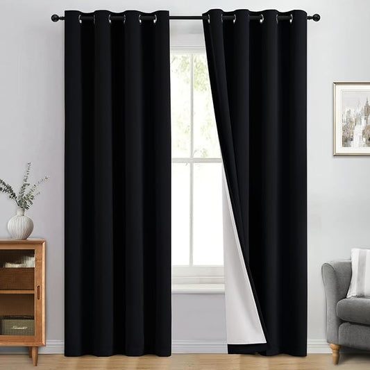 Yakamok 100% Blackout Curtain Panels 84 inches Cold and Light Blocking Drapes for Nursery, 2 Thick Layers Thermal Insulated Draperies (2 Pieces, 50 Wide Each Panel, Black Front with White Backing)