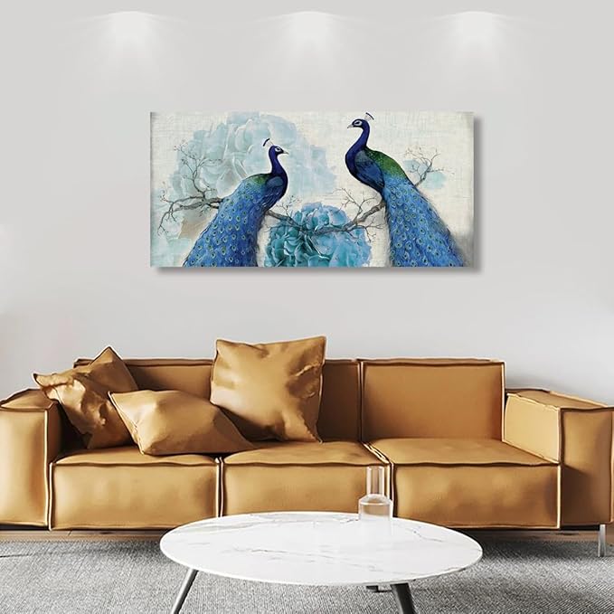 Peacock Canvas Wall Art for Living room Office Bedroom Animal Wall Art Print Oil Paintings Modern Beautiful Flowers Pictures Blue Wall Decor Artwork Waterproof Ready to Hang - 20in * 40inch