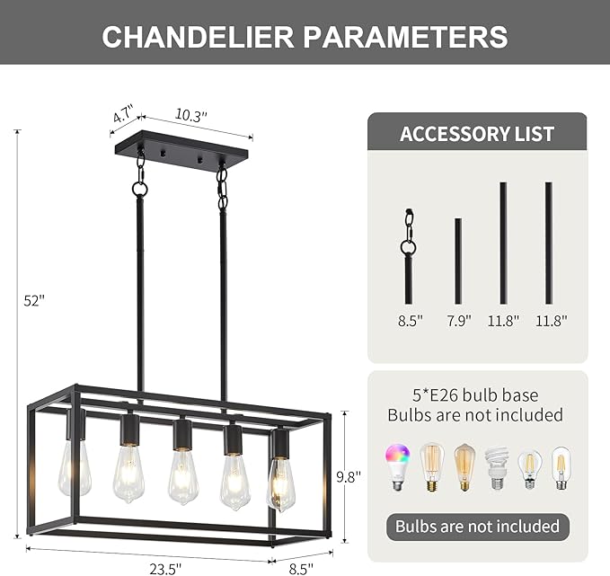 5-Light Kitchen Light Fixtures Black Farmhouse Chandelier Rectangular Dining Room Light Fixture Linear Pendant Lighting Hanging Lights for Kitchen Island Living Room Adjustable Height E26