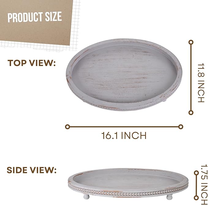 Oval Wooden Tray, Decorative Trays for Home Decor Coffee Table Kitchen Dinning Table, Small Wood Beaded Tray for Decor Grey