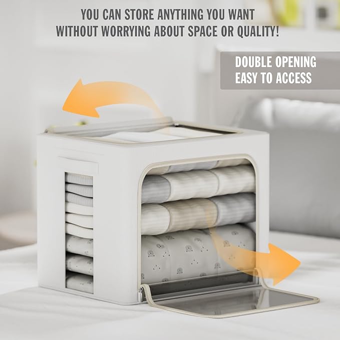 2 Pack Clear Window Storage Bins Large Stackable Linen Fabric Storage for Clothes Foldable Container Organizer Set with Carrying Handles (Lvory White, 23.6x 16.5x 15.7 Inch)