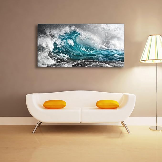 Sea Wave Pictures Canvas Wall Art For Living Room Bedroom Wall Decor,Surge Wall Art Print Paitnings for Home Decor,Morden Artwork Sea Seascape Canvas Art Waterproof Ready to Hang-28x57 Inches