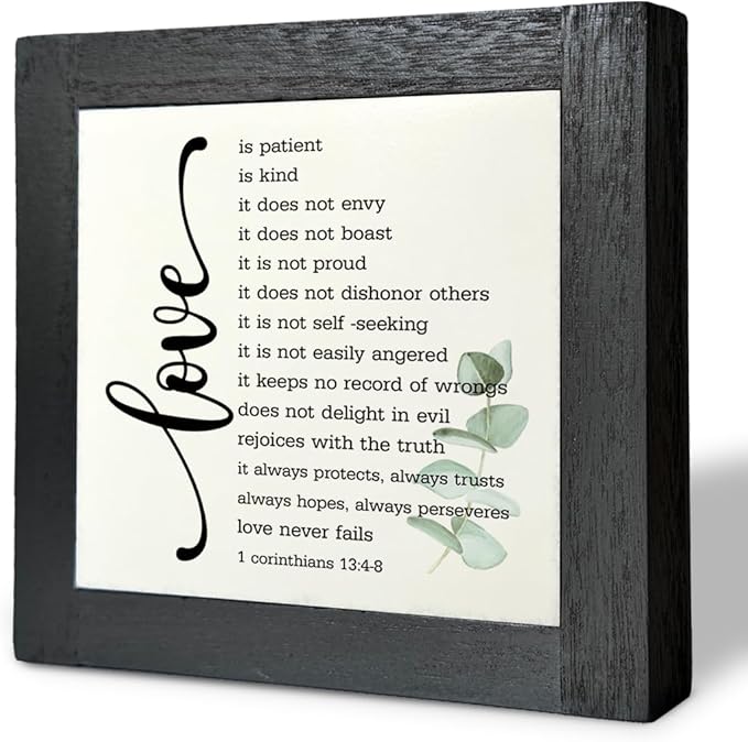 Bible Verse Corinthians 13:4-8 Box Sign, Love Never Fails, Wooden Plaque Gift Tabletop, Rustic Love Sign, Wood Block Plaque for Anniversary, Religious Home Decor, Couple Wedding Gift D1