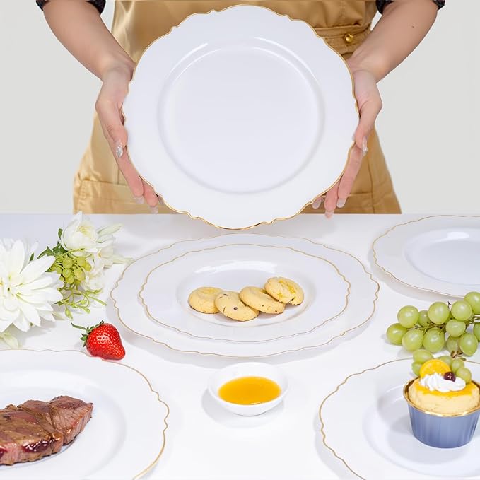 WDF 30Guest Gold Plastic Plates - High-end Baroque Design - 10.25&7.5in Wedding White and Gold Plates Disposable for Thanksgiving Parties/Wedding