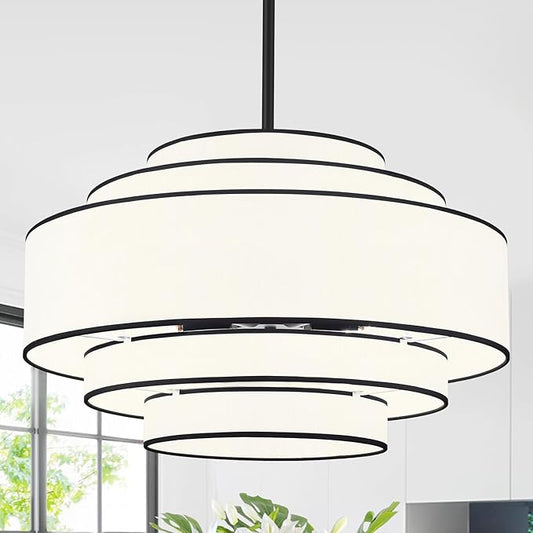 23.62’’Black Drum Chandelier,5-Tier Modern White Fabric Chandeliers Dining Room Light Fixture,6-Light Large Kitchen Island Lighting Farmhouse Chandelier for Living Room Bedroom Hallway Foyer,UL-Listed