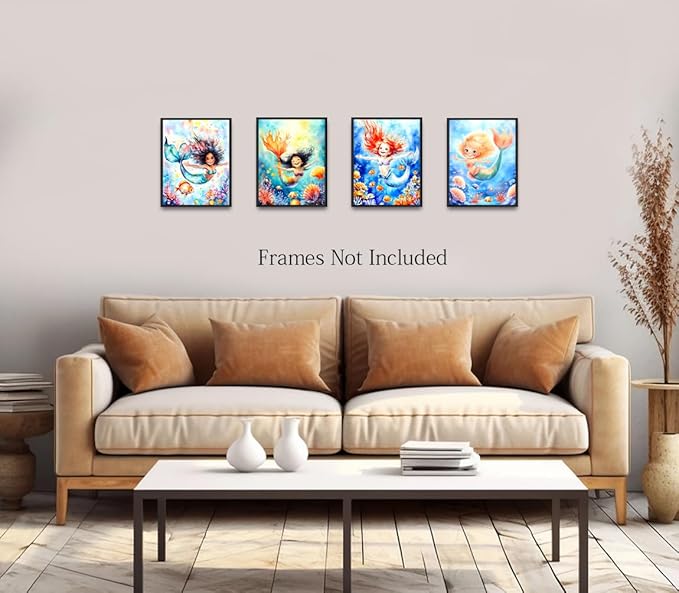 LNLAGBO Mermaid Wall Art Bathroom Decor,Mermaid Wall Art Print Girl Room Decor,Ocean Animals Bathroom Wall Decor for Kids Bedroom Nursery Set of 4(8"x10"Unframed)