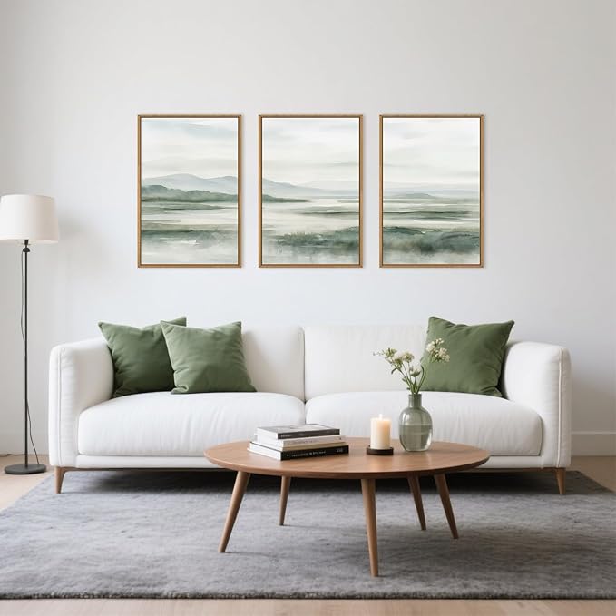 HOURIA Large Watercolor Misty Green Mountain Framed Canvas Wall Art,Neutral Brush Stroke Wall Decor,Modern Landscape Artwork,Nature Minimalist Art Print for Living Room,Bedroom,Office-24 x36 x3