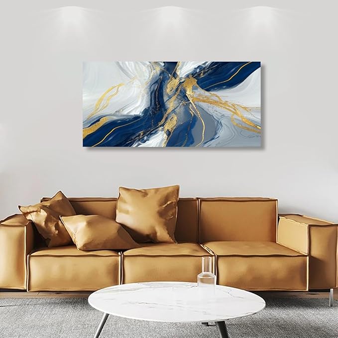 Golden Blue Wall Art Print Oil Paintings Abstract Canvas Wall Art for Living room Office Bedroom Modern Flow of White Golden Blue Pictures Wall Decor Artwork Waterproof Ready to Hang - 20in * 40inch