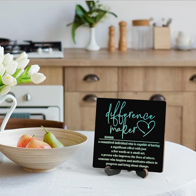 Wooden Table Sign Office Decor Difference Maker Definition Desk Decor Wood Plaque With Stand Thank You Gifts for Boss Women Best Mom Coworker Teacher Office Desk Accessories(Black)-C03