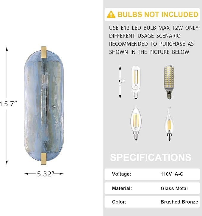 2 Pack 2 Light Oval Blue Glass Bathroom Wall Sconce Modern Concise Style Wall Light Fixture,Brushed Bronze Finish for Bedroom Hallway Bedside