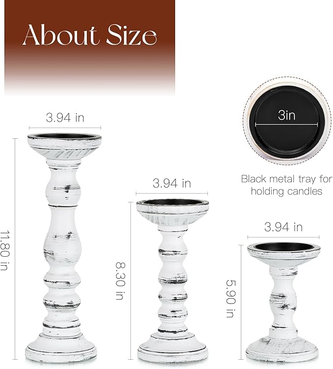 Wood Candle Holders for Pillar: Rustic Candles Holder Set of 3 Tall Table Centerpiece Decor Wooden White Farmhouse Decorations for Fireplace Mantle