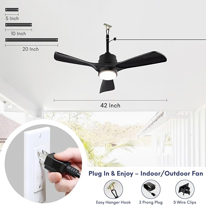 42" Gazebo Fans Outdoor Hanging with Remote Waterproof,Outdoor Ceiling Fan for Patios with Light, Plug in Cord Outlet Hook Wet Rated for Outside Porch, Pergola-Black+20" Downrod