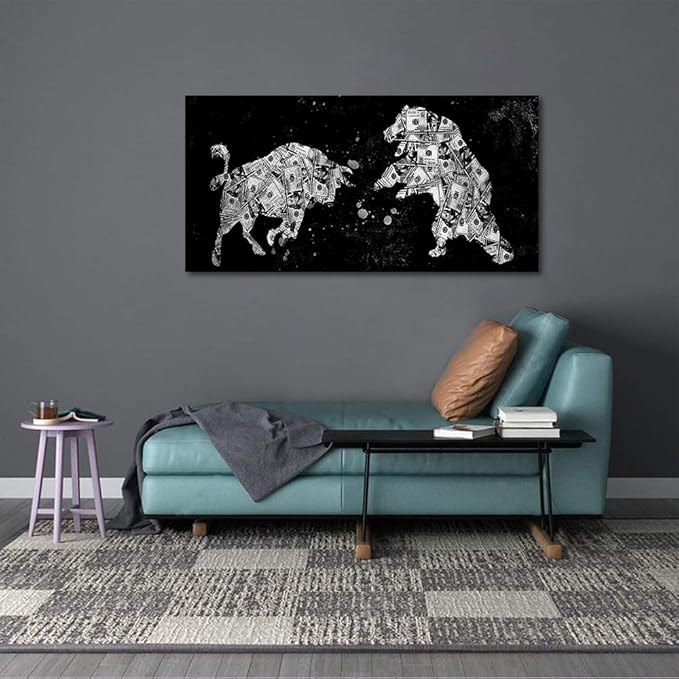 Extra Large Size Money Canvas Art Creative Bull vs Bear Money Canvas Artwork Black and White Inspirational Abstract Money Bull vs Bear Artwork for Gym Coffee Shop Decor Framed Easy to Hang-48 Wx24 H