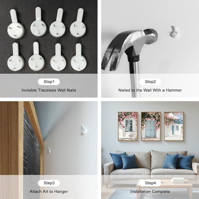 HOURIA Greek Island Street Framed Canvas Wall Art Set,Santorini Blue Doors Shutters Wall Decor,Coastal White House Pink Flower Artwork,European Cityscape Art Prints for Living Room, Bedroom-16 x24 x3