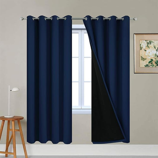 Yakamok 100% Blackout Curtains with Black Liners, Thermal Insulated Full Blackout 2-Layer Lined Drapes Room Darkening Curtain Panel for Bedroom(Navy Blue, 2 Panels, W52 x L72)