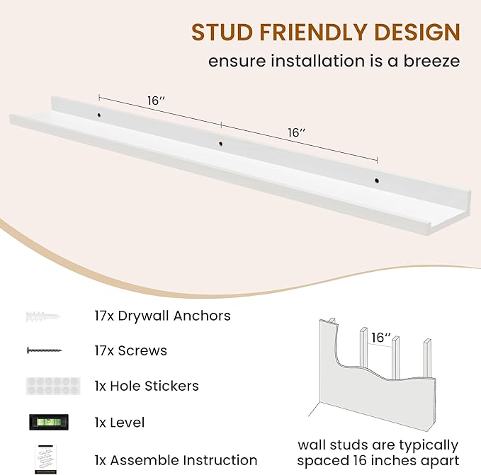 Axeman Picture Ledge Shelf, Floating Shelves for Wall Decor Storage Set of 6, 48 inch Floating Wall Mounted Shelves, Wall Shelves with Lip for Living Room, Bedroom, Nursery, Bathroom, Kitchen, White