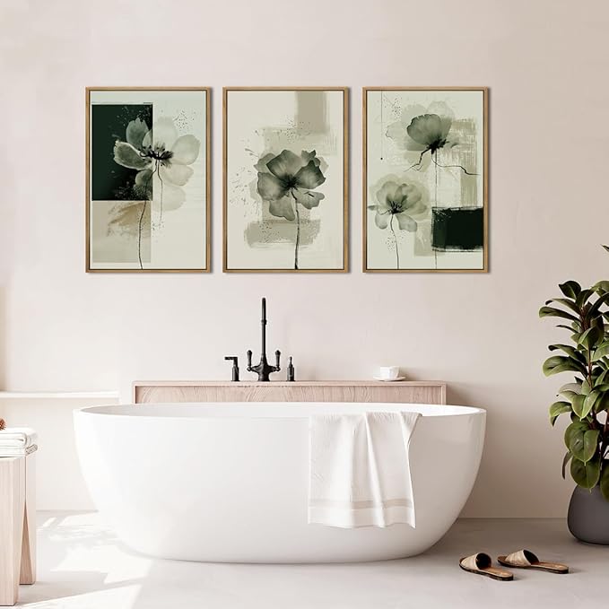 ANHUIB Black Neutral Floral Wall Art 16x24 Inch Abstract Flower Wall Decor Waterolor Painting Set of 3 for Living Room Bedroom Bathroom