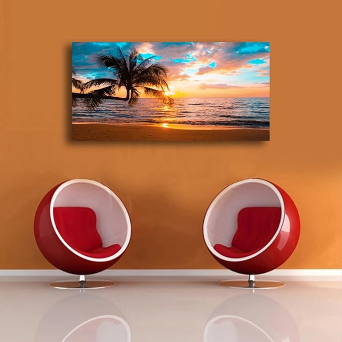Sunset Beach Picture Canvas Wall Art Print for Living Room and Bedroom Wall Decor,Seascape Palm Landscape Print Paitnings for home Decor,Morden Artwork Sunset Canvas Art Waterproof Stretched Ready to