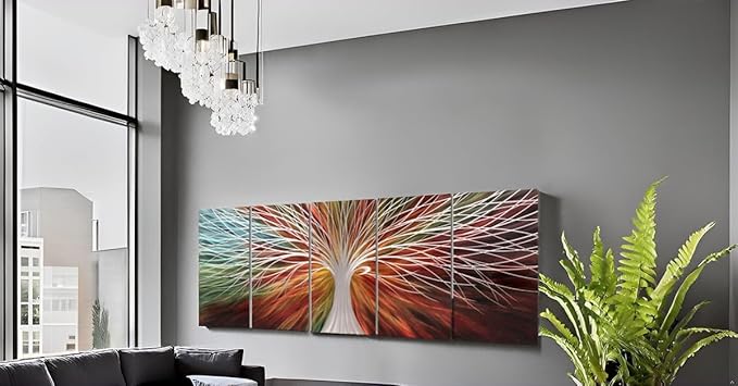 Yihui Arts Abstract Metal Wall Art - Tree Of Life Hand Crafted 5 Pieces Panels Large Big Unique 3D Aluminum Modern Contemporary Home Accent