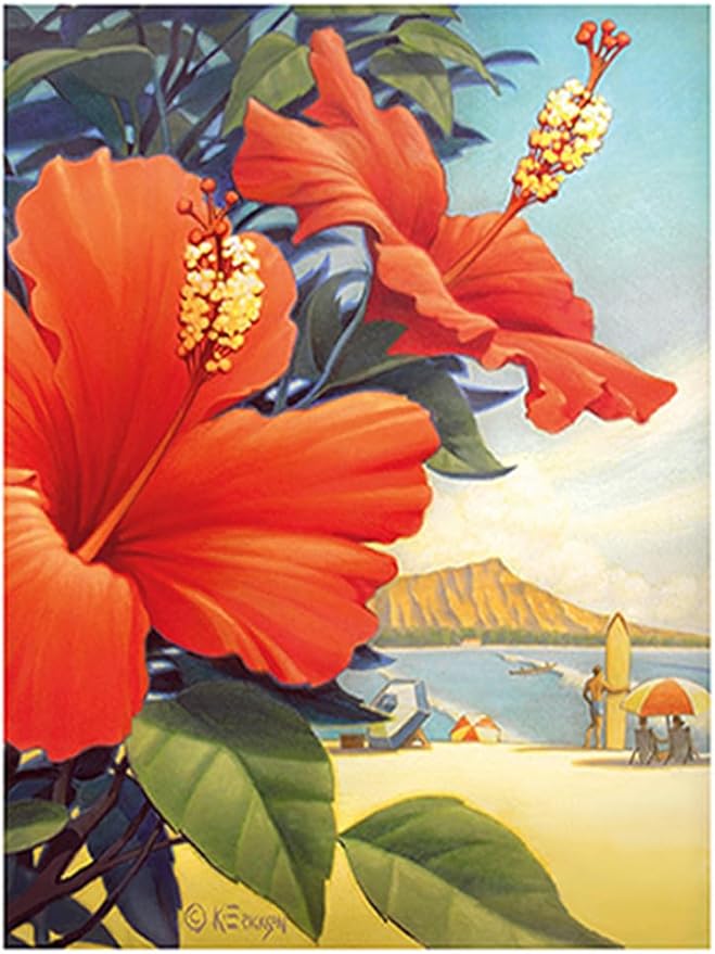 Hibiscus Beach Day - Waikiki Beach - Red Hibiscus - Vintage Hawaiian Travel Poster by Kerne Erickson - Master Art Print 10in x 14in