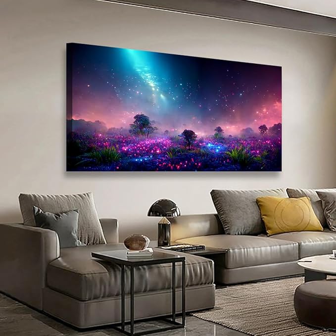 Purple Magical Wall Art Bedroom Wall Decor Living Room, Canvas Wall Art Office Farmhouse Paintings Artwork Modern Blue Starry Sky Grass Land Fantastic Wall Art Prints Pictures 20 * 40inch