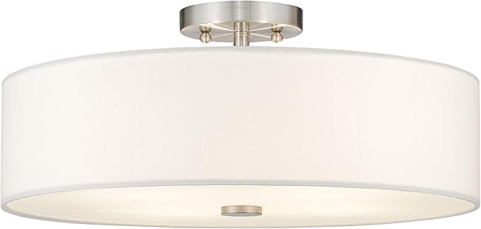 Livex Lighting 51055-91 Meridian Collection 4-Light Semi Flush Mount Ceiling Fixture with Off-White Fabric Hardback Drum Shade, Brushed Nickel