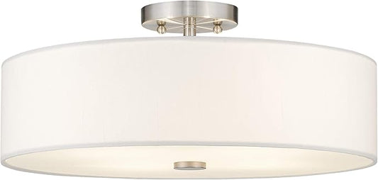 Livex Lighting 51055-91 Meridian Collection 4-Light Semi Flush Mount Ceiling Fixture with Off-White Fabric Hardback Drum Shade, Brushed Nickel