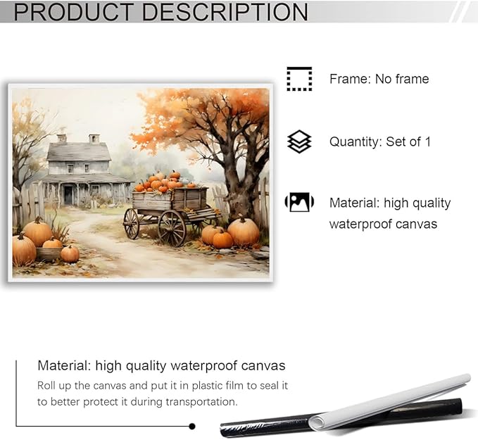 Autumn Farmhouse Sketch posters Gallery Canvas Print Wall Art Vintage Farmhouse Decor Autumn Art Fall Landscape Pumpkin Decoration 16x24"Unframed
