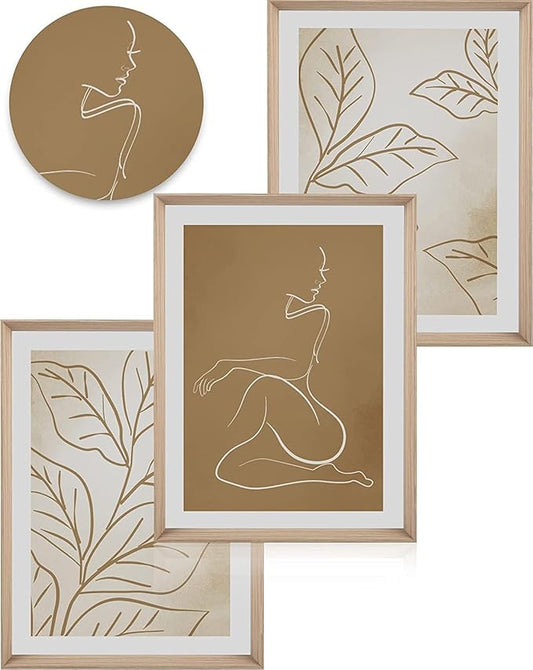 UPWOIGH Boho Canvas Wall Art(No Plexiglass), Framed High Side Wall Art, 16x12in Yellow-Brown Abstract Woman and Leaf Lines Minimalist Wall Decor for Living Room Bedroom Set of 3