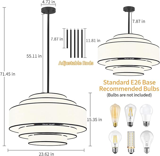 23.62’’Black Drum Chandelier,5-Tier Modern White Fabric Chandeliers Dining Room Light Fixture,6-Light Large Kitchen Island Lighting Farmhouse Chandelier for Living Room Bedroom Hallway Foyer,UL-Listed