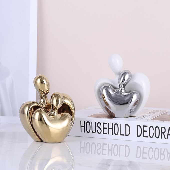 White and Silver Mini Ceramic Couple Sculpture, Romantic Love Decorative Statue, Couple, Silver Home Decor, Suitable for Dresser, Bookshelf, Office, Coffee Table Desktop Decoration.