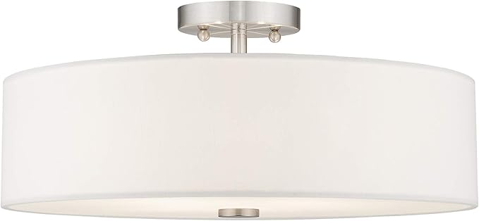 Livex Lighting 51055-91 Meridian Collection 4-Light Semi Flush Mount Ceiling Fixture with Off-White Fabric Hardback Drum Shade, Brushed Nickel
