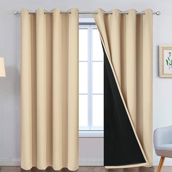 Yakamok Beige 100% Blackout Curtains, Thermal Insulated Total Blackout Drapes for Bedroom, Heat Blocking Window Curtains for Living Room(52Wx90L, 2 Panels)