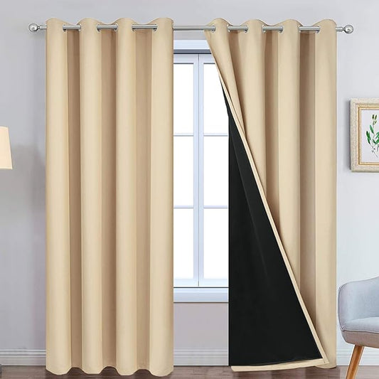 Yakamok Beige 100% Blackout Curtains, Thermal Insulated Total Blackout Drapes for Bedroom, Heat Blocking Window Curtains for Living Room(52Wx90L, 2 Panels)