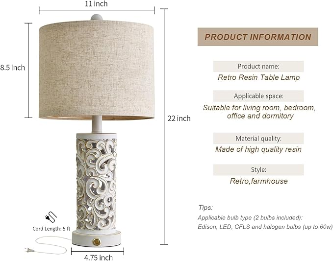 OYEARS 3-Way Dimmable 22'' Table Lamp Set of 2 for Living Room Bedroom Farmhouse Vintage Retro Bedside Lamps Touch Control with USB Ports Linen Shade for Home Office (Wash White, Bulb Included)