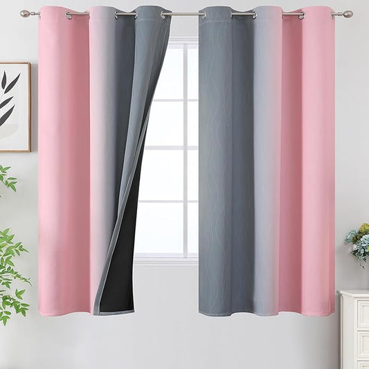 Estelar Textiler Ombre Gray and Pink Blackout Curtains 63 Inch Length 2 Panels, Full Light Blocking Curtains for Kids Room, Grommet Thermal Insulated Gradient Drapes for Girl's Room, 42x63 Inch