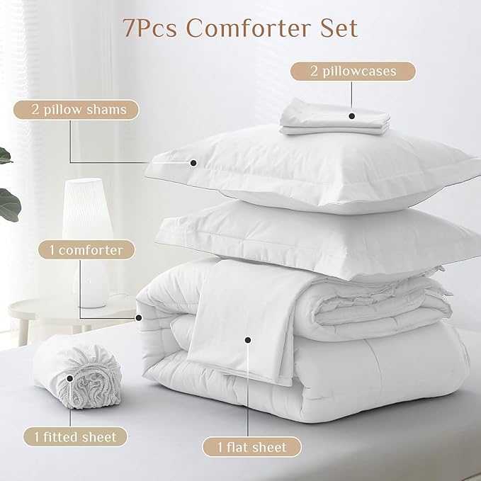 JOLLYVOGUE King Comforter Set, Ultra-Soft Bed in a Bag King Size 7 Pieces, Oeko-TEX Certified Bedding Set with Down Alternative Comforter, Sheets, Pillowcases & Shams, White