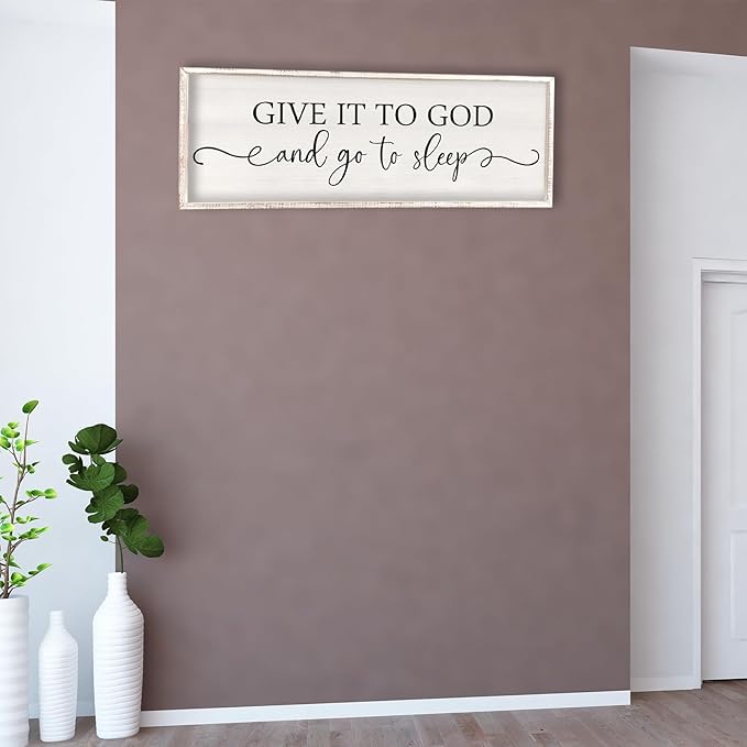 Surfapans Give It To God And Go To Sleep Sign Wall Decor Above Bed 32"x12" Master Bedroom Guest Room Over Bed Wood Rustic Framed Wall Art (White)