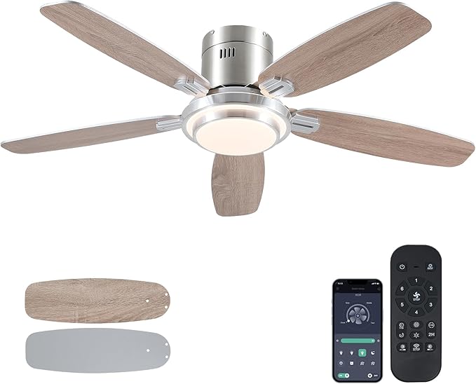 Low Profile Ceiling Fan with Lights and Remote/APP, 50 Inch Modern Flush Mount Ceiling Fan with 3CCT 6-Speeds Quiet DC Motor,Dimmable 3-Color Temperatures for Living Room Bedroom(Nickel)