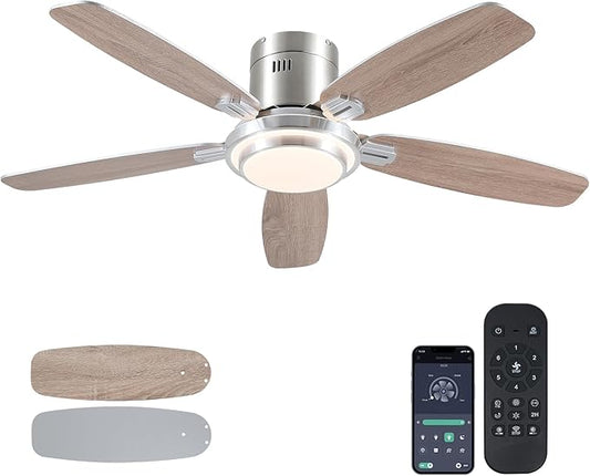Low Profile Ceiling Fan with Lights and Remote/APP, 50 Inch Modern Flush Mount Ceiling Fan with 3CCT 6-Speeds Quiet DC Motor,Dimmable 3-Color Temperatures for Living Room Bedroom(Nickel)