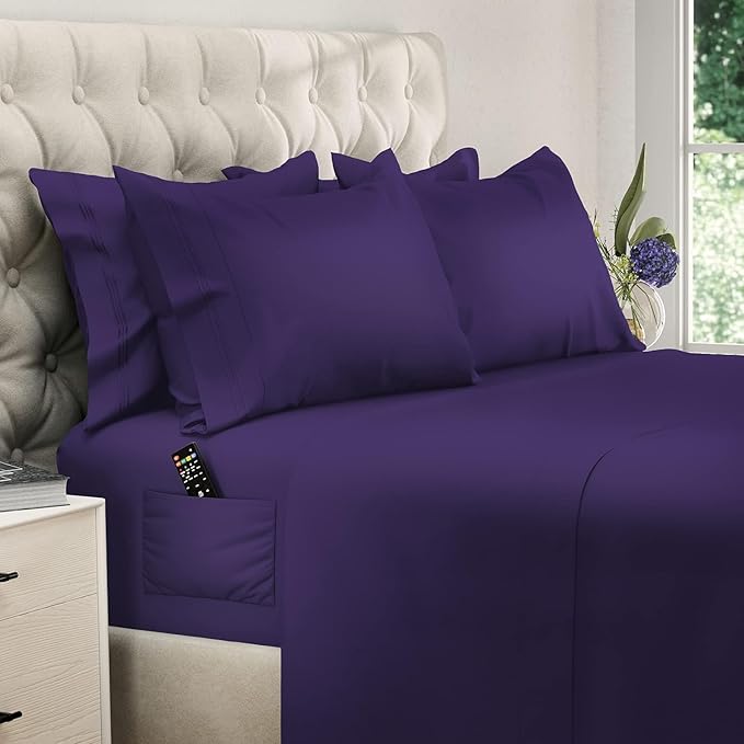 DREAMCARE Sheets Full Size Bed - Cooling Bed Sheets - 6pcs Set - Full Sheet Set - Full Size Sheets - Full Size Sheet Sets Soft & Long Lasting 100% Fine Brushed Polyester with Side Pocket - Purple